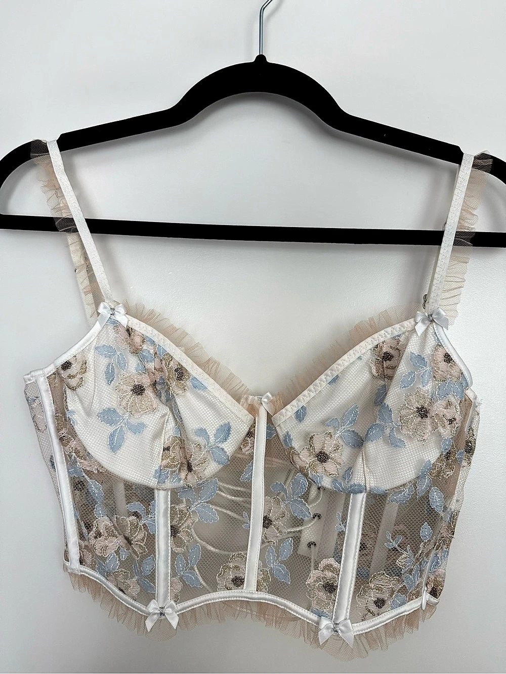 For Love & Lemons Louise Blue Floral Embroidery Bustier Corset White & Blue